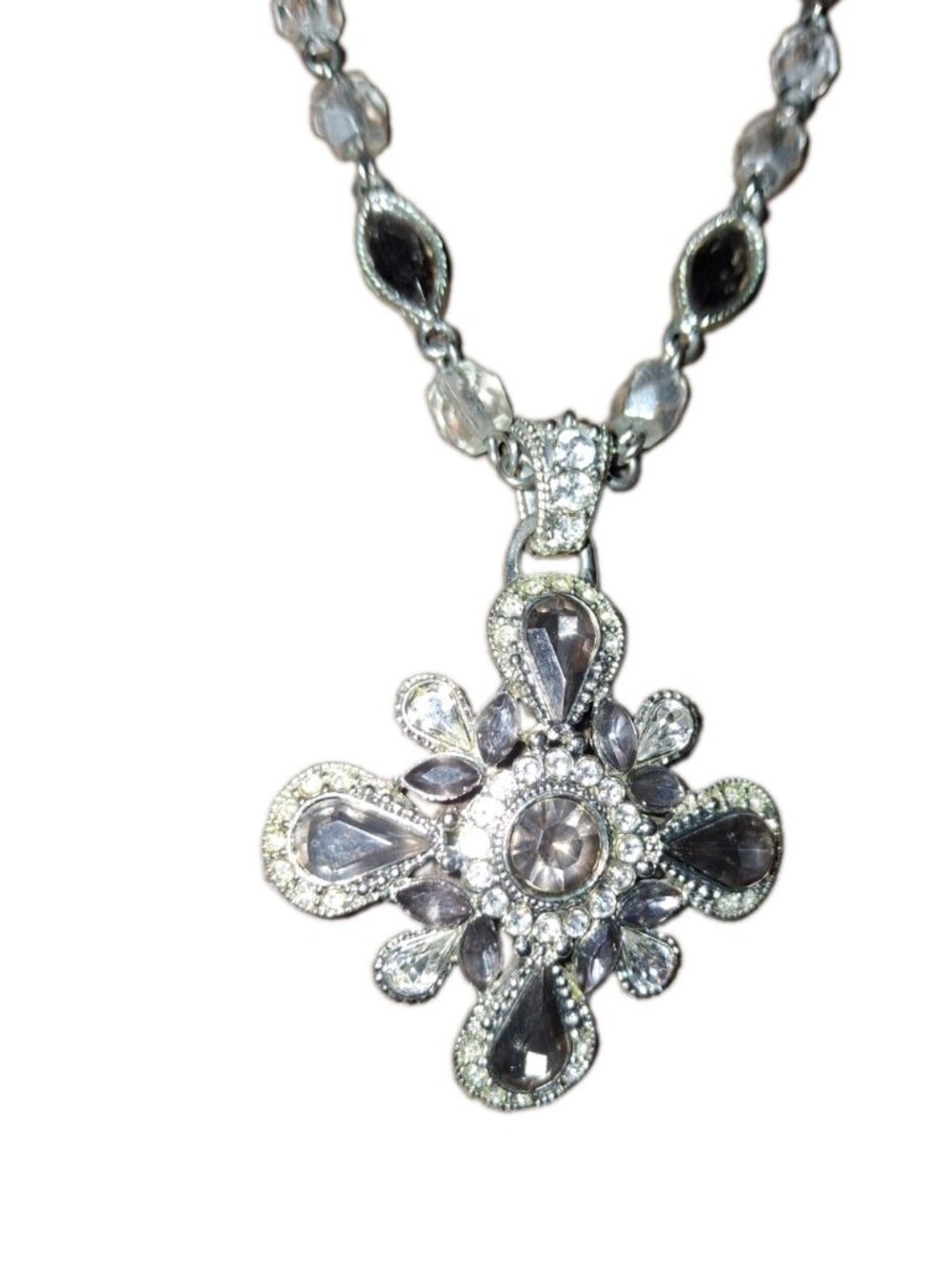 N R Lovely Maltese Cross Pendant Necklace Smoke Acrylic grey & Clear Rhinestones